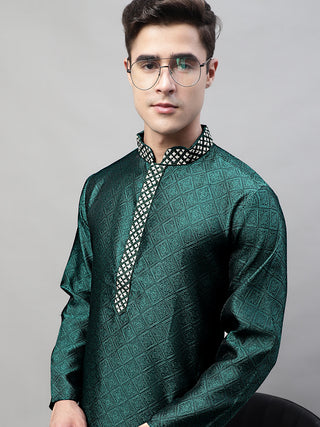 Men's Olive Green Collar Embroidered Silk Jacquard  Kurta Pyjama