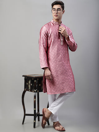 Men's Pink Collar Embroidered Silk Jacquard  Kurta Pyjama