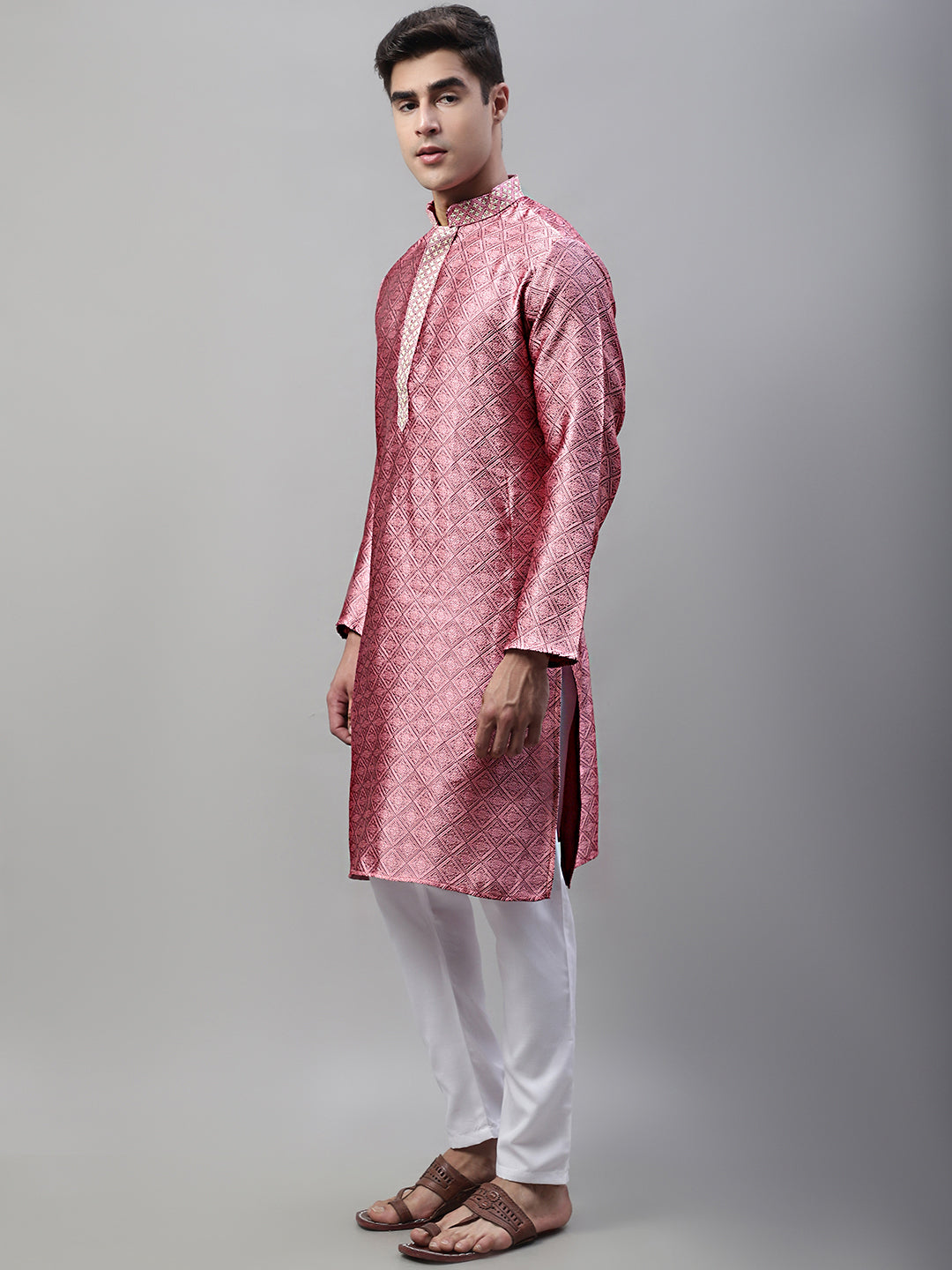 Men's Pink Collar Embroidered Silk Jacquard  Kurta Pyjama