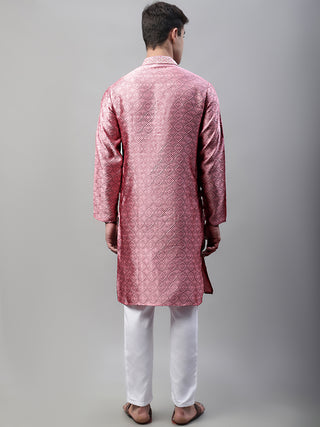 Men's Pink Collar Embroidered Silk Jacquard  Kurta Pyjama