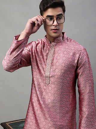 Men's Pink Collar Embroidered Silk Jacquard  Kurta Pyjama