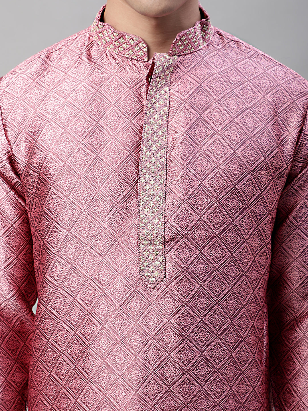Men's Pink Collar Embroidered Silk Jacquard  Kurta Pyjama