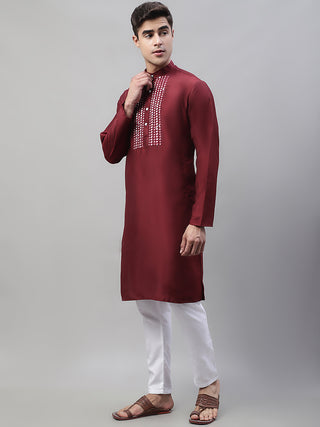 Men's Maroon Cotton Silk Mirror Work Kurta Pyjama