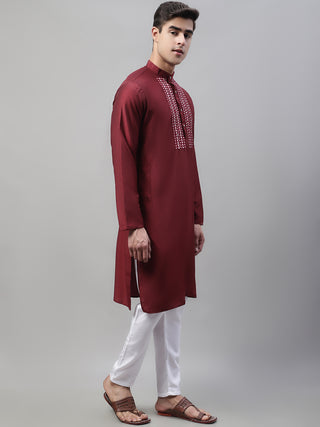 Men's Maroon Cotton Silk Mirror Work Kurta Pyjama