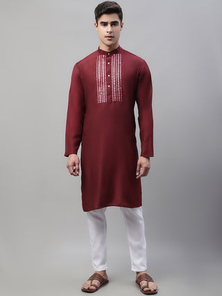 Men's Maroon Cotton Silk Mirror Work Kurta Pyjama