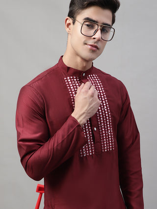 Men's Maroon Cotton Silk Mirror Work Kurta Pyjama