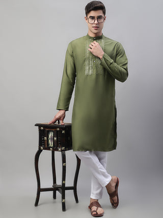 Men's Olive Green Cotton Silk Mirror Work Kurta Pyjama