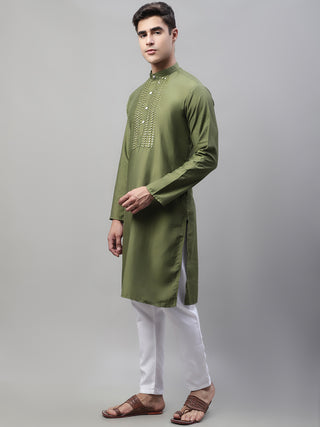 Men's Olive Green Cotton Silk Mirror Work Kurta Pyjama