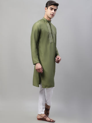 Men's Olive Green Cotton Silk Mirror Work Kurta Pyjama