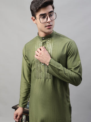 Men's Olive Green Cotton Silk Mirror Work Kurta Pyjama