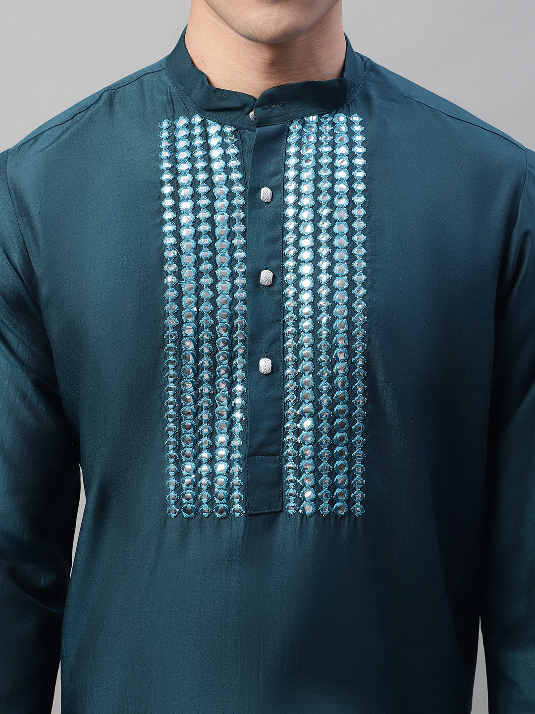 Men's Teal Blue Cotton Silk Mirror Work Kurta Pyjama