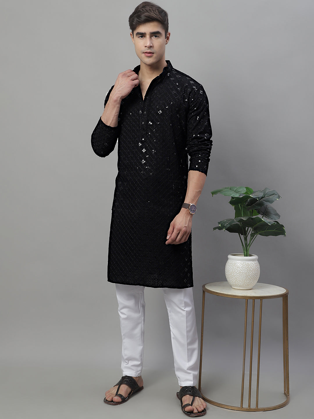 Chikankari Kurta Chicken Pathani Suit Men's Black Chikankari