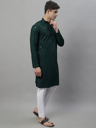 Men's Olive Green Chikankari Embroidered and Sequence Kurta with Pyjama.