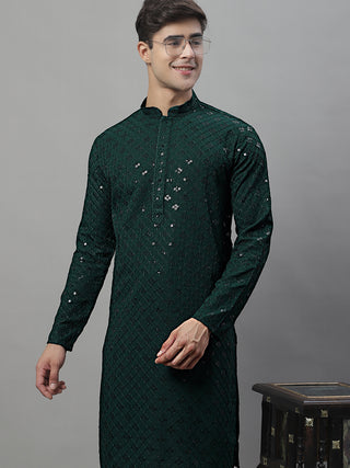 Men's Olive Green Chikankari Embroidered and Sequence Kurta with Pyjama.