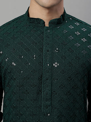 Men's Olive Green Chikankari Embroidered and Sequence Kurta with Pyjama.