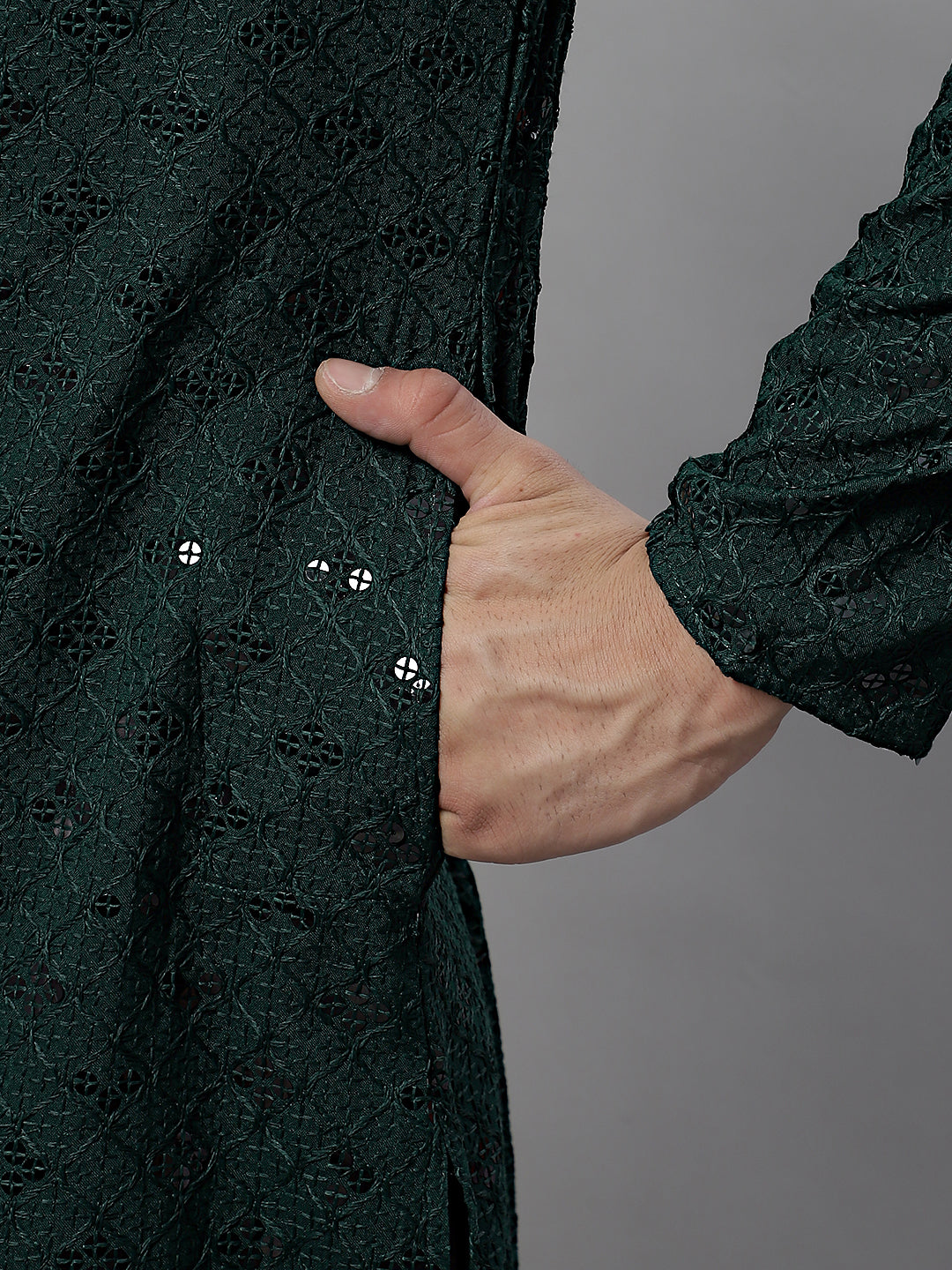 Men's Olive Green Chikankari Embroidered and Sequence Kurta with Pyjama.