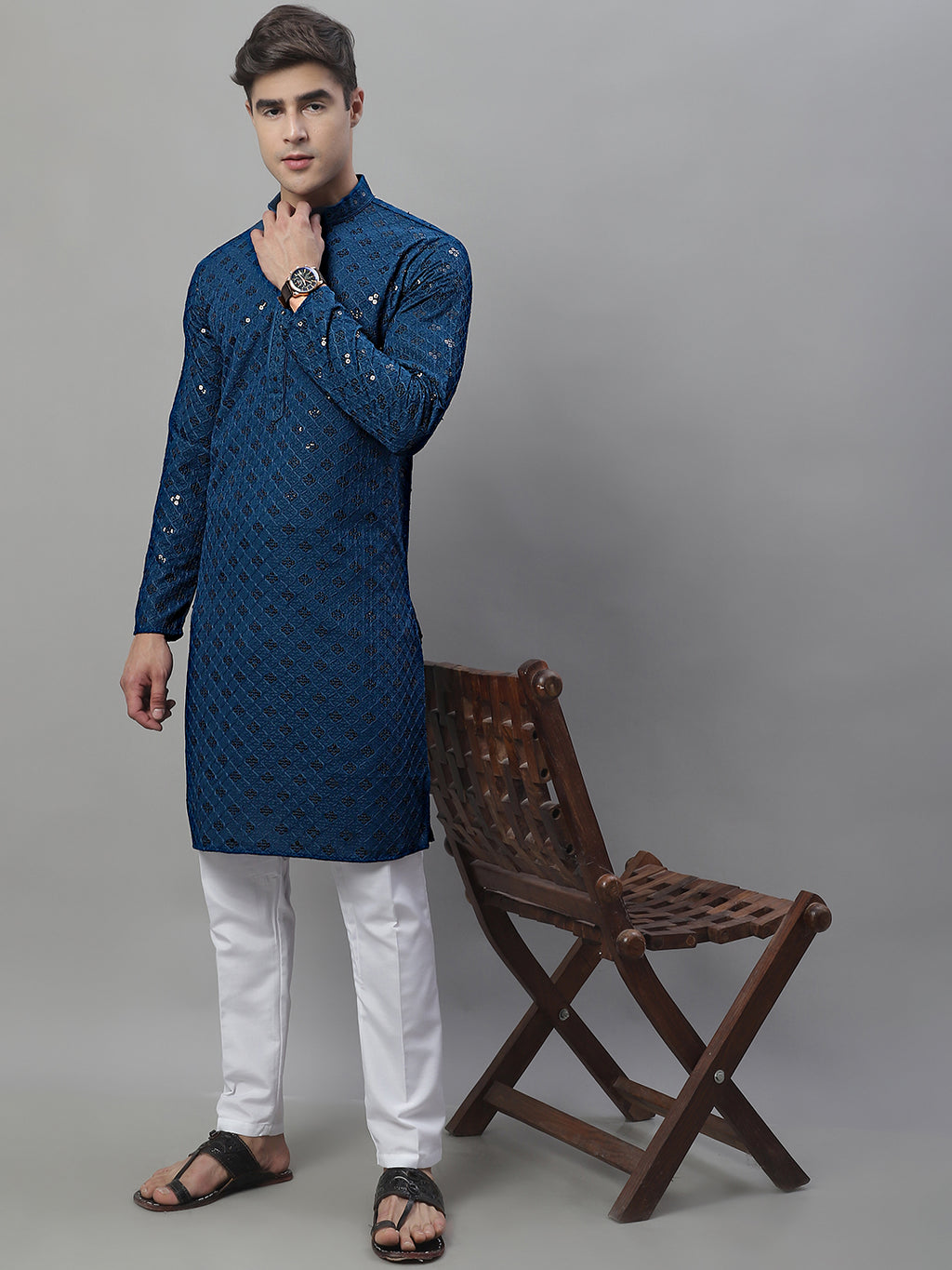 Men's Peacock Blue Chikankari Embroidered and Sequence Kurta with Pyja ...