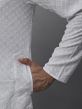 Men's White Chikankari Embroidered and Sequence Kurta with Pyjama.