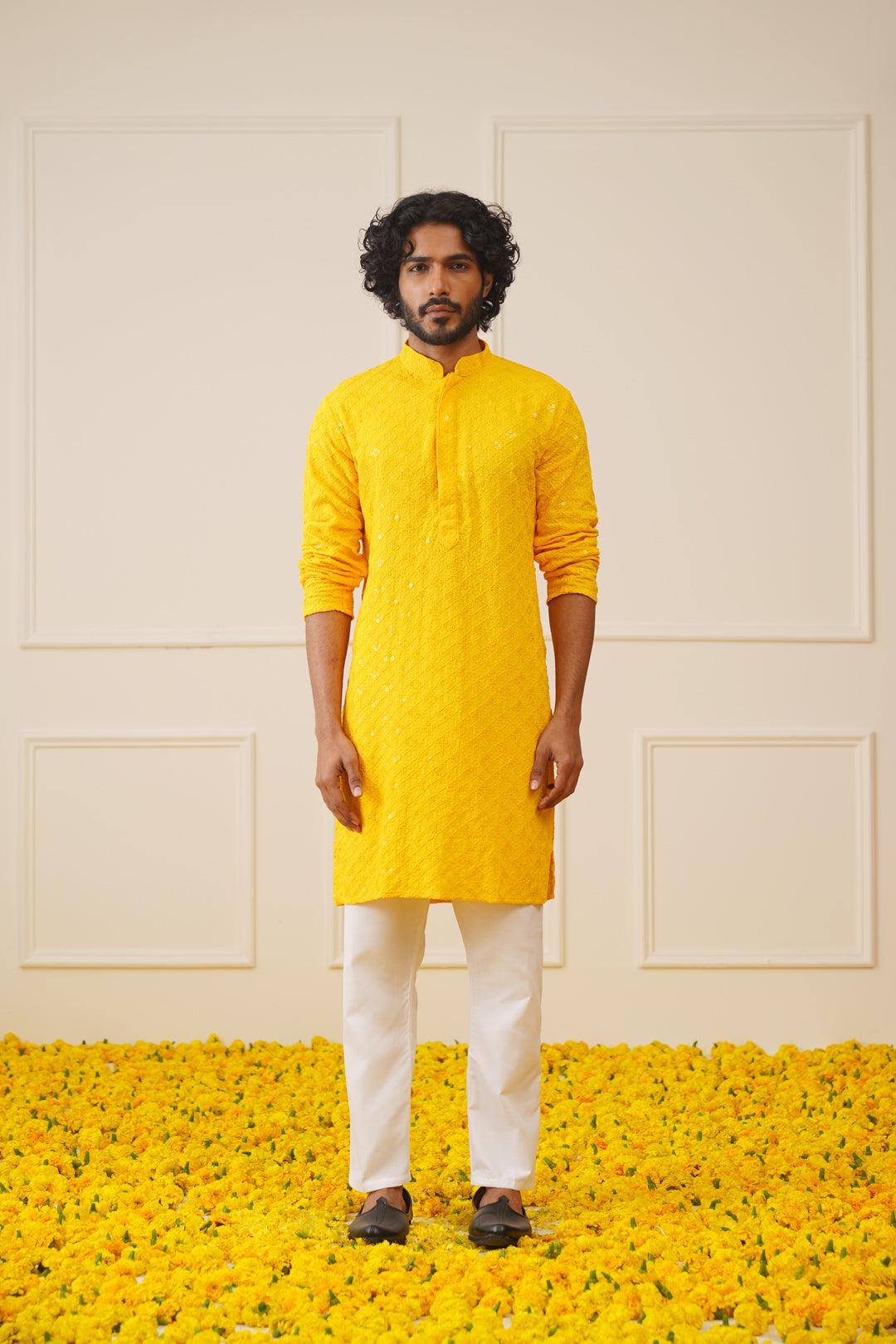 Men's Yellow Chikankari Embroidered and Sequence Kurta with