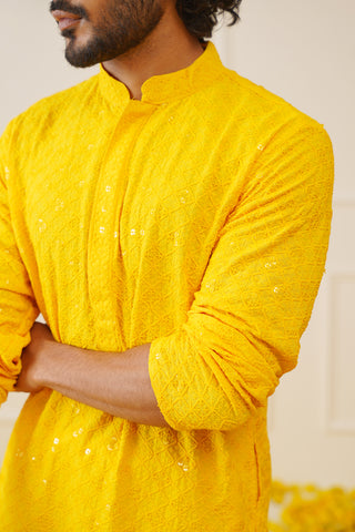 Men's Yellow Chikankari Embroidered and Sequence Kurta with Pyjama.