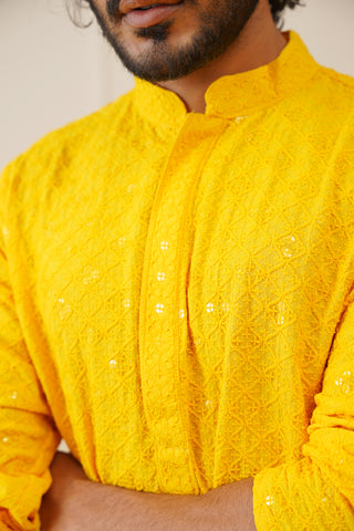 Men's Yellow Chikankari Embroidered and Sequence Kurta with Pyjama.