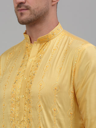 Men's Yellow Embroidered Kurta with Pyjama.