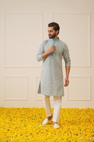 Men's Blue Embroidered Kurta with Pyjama.