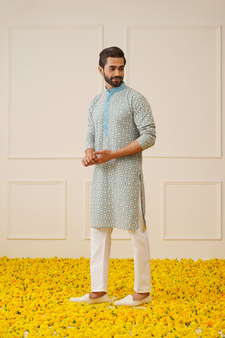 Men's Blue Embroidered Kurta with Pyjama.