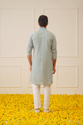 Men's Blue Embroidered Kurta with Pyjama.