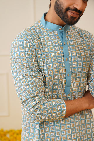 Men's Blue Embroidered Kurta Only