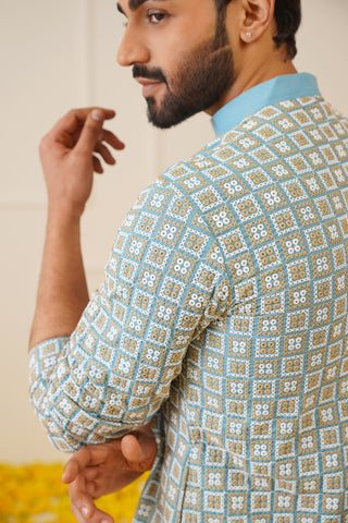 Men's Blue Embroidered Kurta with Pyjama.