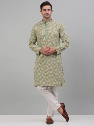 Men's Green Embroidered Kurta with Pyjama.