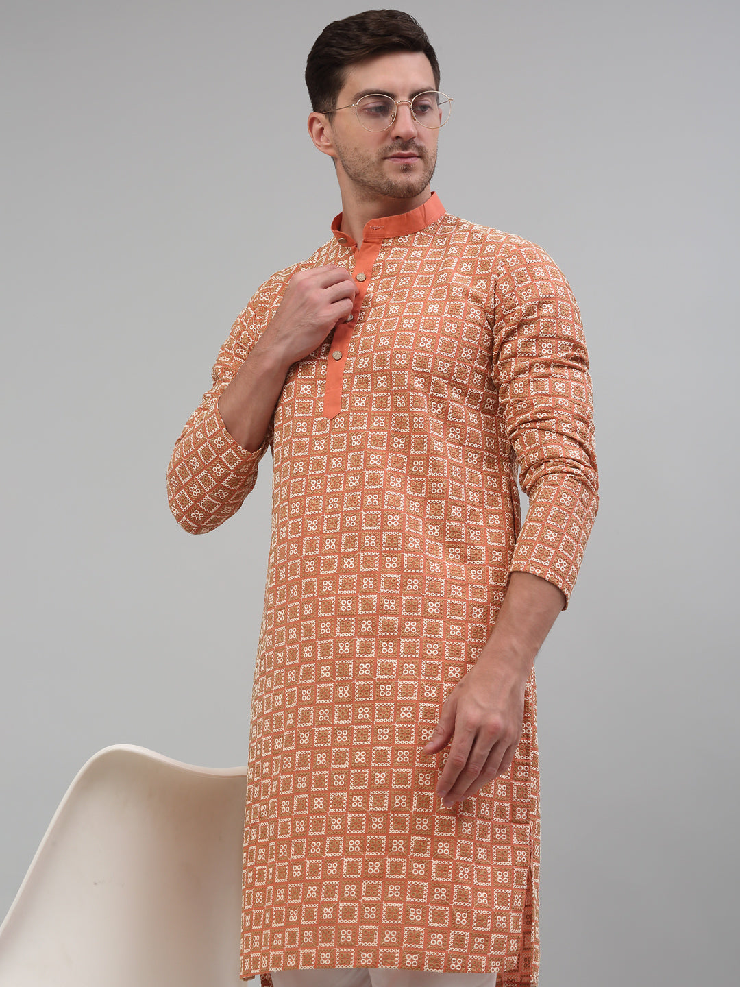 Men's Peach Embroidered Kurta with Pyjama.