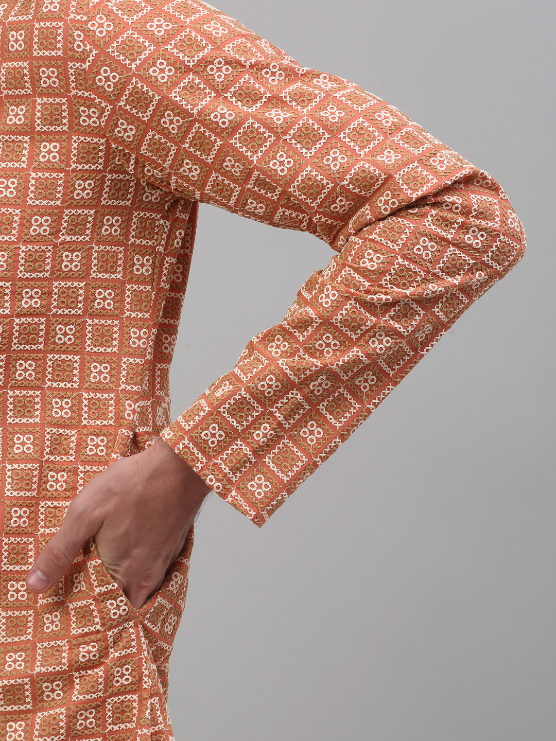 Men's Peach Embroidered Kurta with Pyjama.