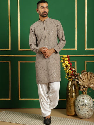 Men Grey Embroidered and Sequence Kurta with Salwar