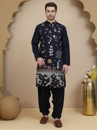 Embroidered Silk Blend Kurta with White Salwar