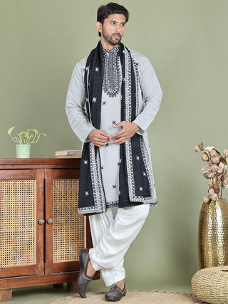 Embroidered Blue Silk Blend Kurta Salwar and Dupatta Set for Men