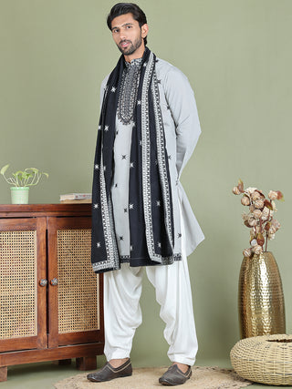 Embroidered Blue Silk Blend Kurta Salwar and Dupatta Set for Men