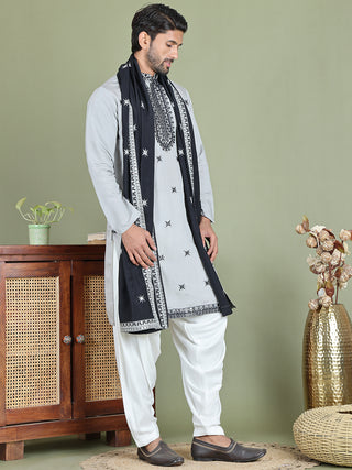 Embroidered Blue Silk Blend Kurta Salwar and Dupatta Set for Men