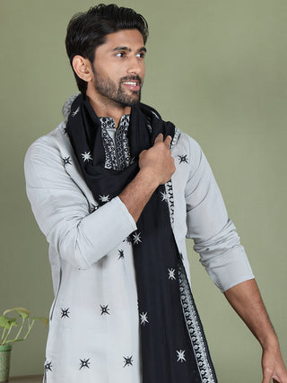 Tanzeel khan in Embroidered Blue Silk Blend Kurta Salwar and Dupatta Set for Men