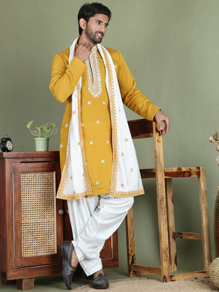 Embroidered Blue Silk Blend Kurta Salwar and Dupatta Set for Men