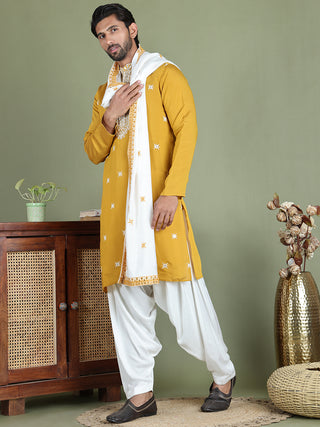 Embroidered Blue Silk Blend Kurta Salwar and Dupatta Set for Men