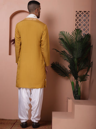 Embroidered Mustard Silk Blend Kurta Salwar and Dupatta Set for Men