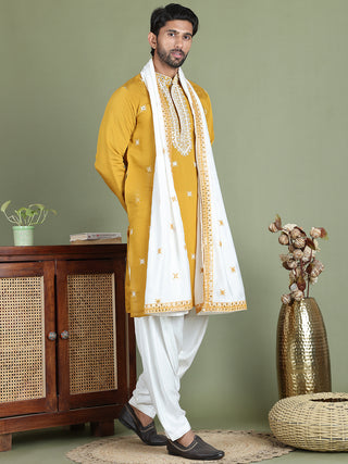 Embroidered Blue Silk Blend Kurta Salwar and Dupatta Set for Men