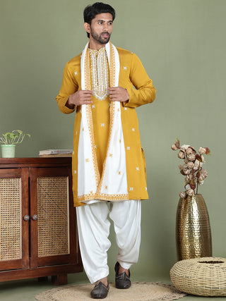 Embroidered Blue Silk Blend Kurta Salwar and Dupatta Set for Men