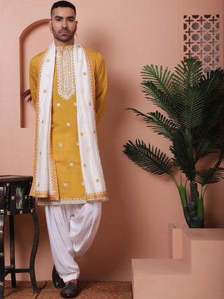 Embroidered Mustard Silk Blend Kurta Salwar and Dupatta Set for Men