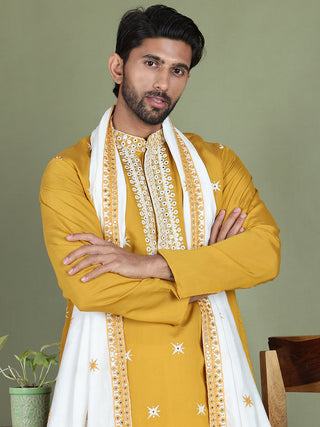 Embroidered Blue Silk Blend Kurta Salwar and Dupatta Set for Men