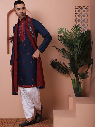 Aman Maheshwari in Embroidered Navy Blue Silk Blend Kurta Salwar and Dupatta Set for Men