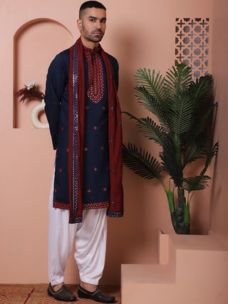 Embroidered Navy Blue Silk Blend Kurta Salwar and Dupatta Set for Men