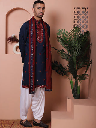 Aman Maheshwari in Embroidered Navy Blue Silk Blend Kurta Salwar and Dupatta Set for Men